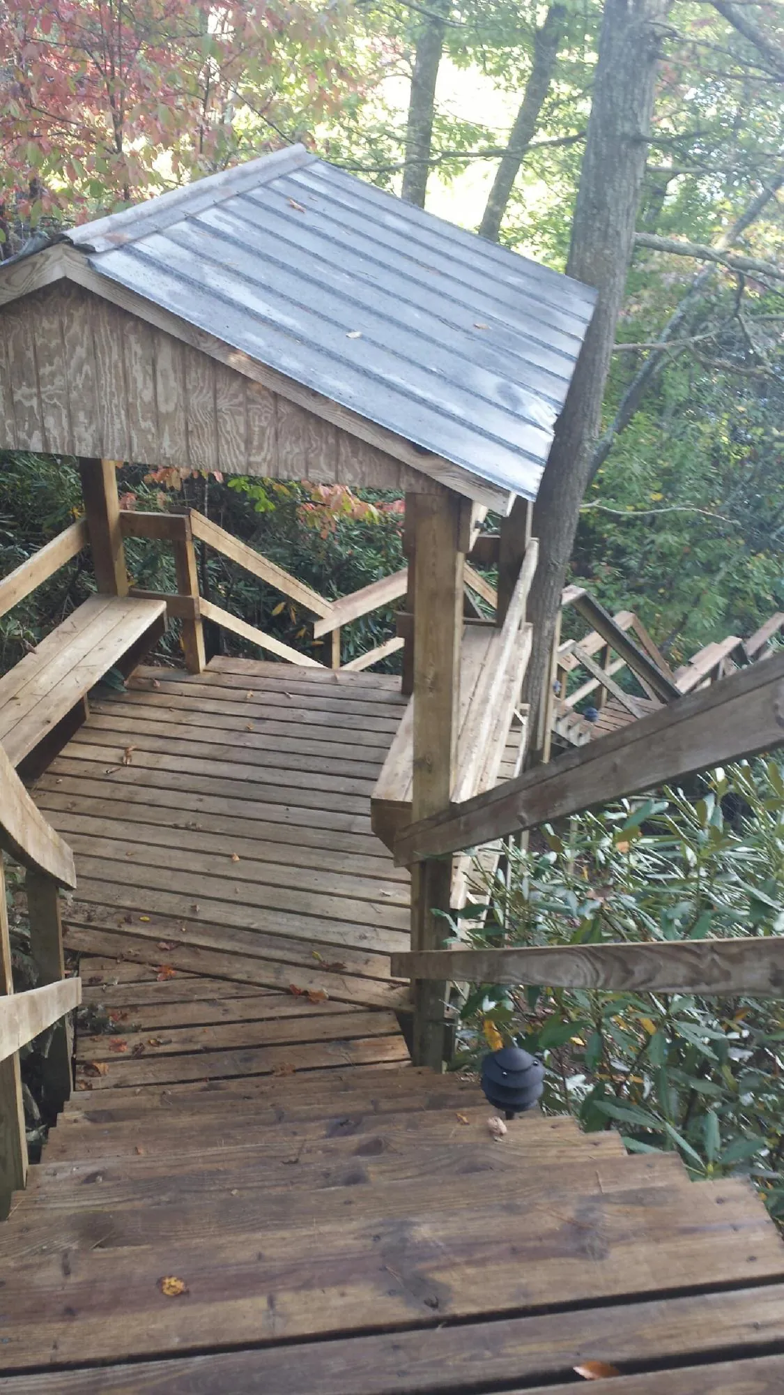 Metal roofed shelter over wooden steps on a wooded walkway — Skylight Repair & Installation work by our crew in Peachland